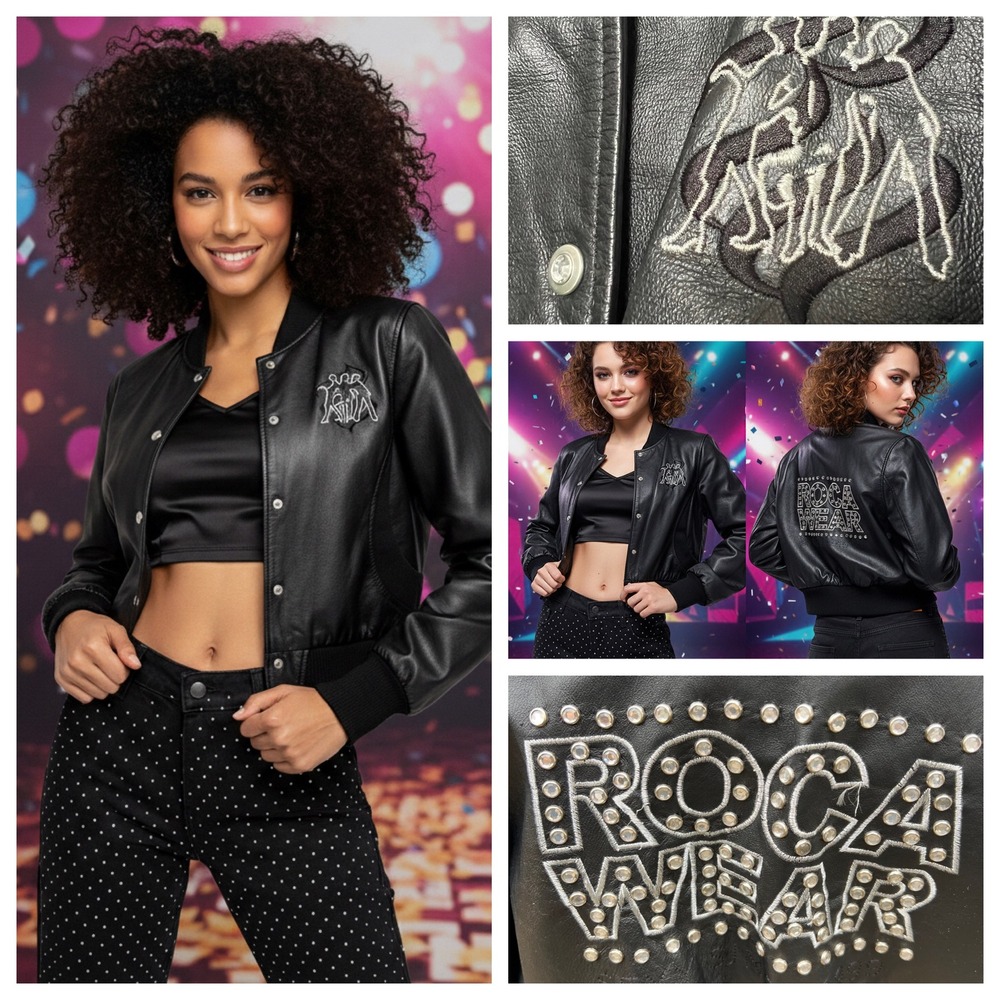 Vintage Rocawear Leather Bomber Jacket Women Black Studded Disco Logo Y2K Medium